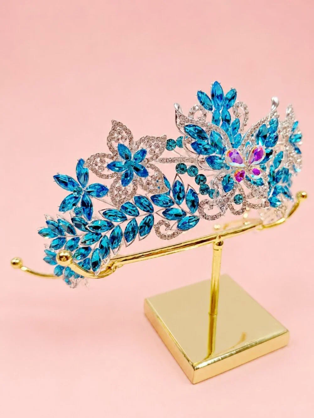 Sky blue Crystal Butterfly Tiara Crown Silver Pageant Bridal Prom Party crown